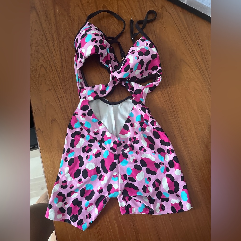 One piece romper cut out pink leopard workout jumpsuit one size